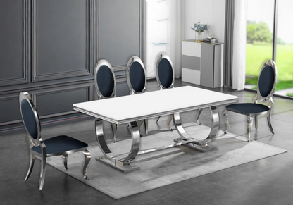 Table verre blanc et 4 chaises médaillon argent | Zyra
