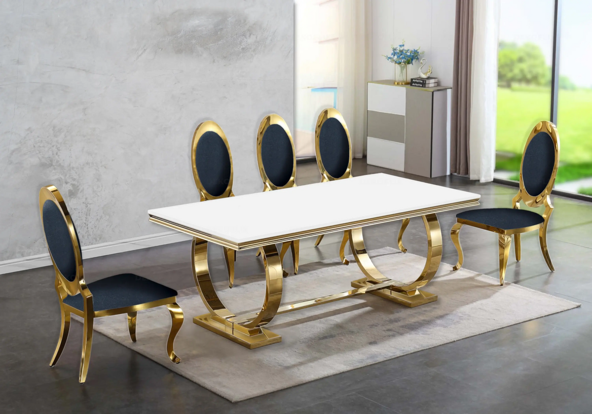Table verre blanc et 4 chaises médaillon doré | Zyra