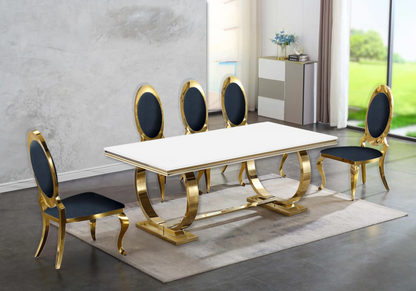 Table verre blanc et 4 chaises médaillon doré | Zyra