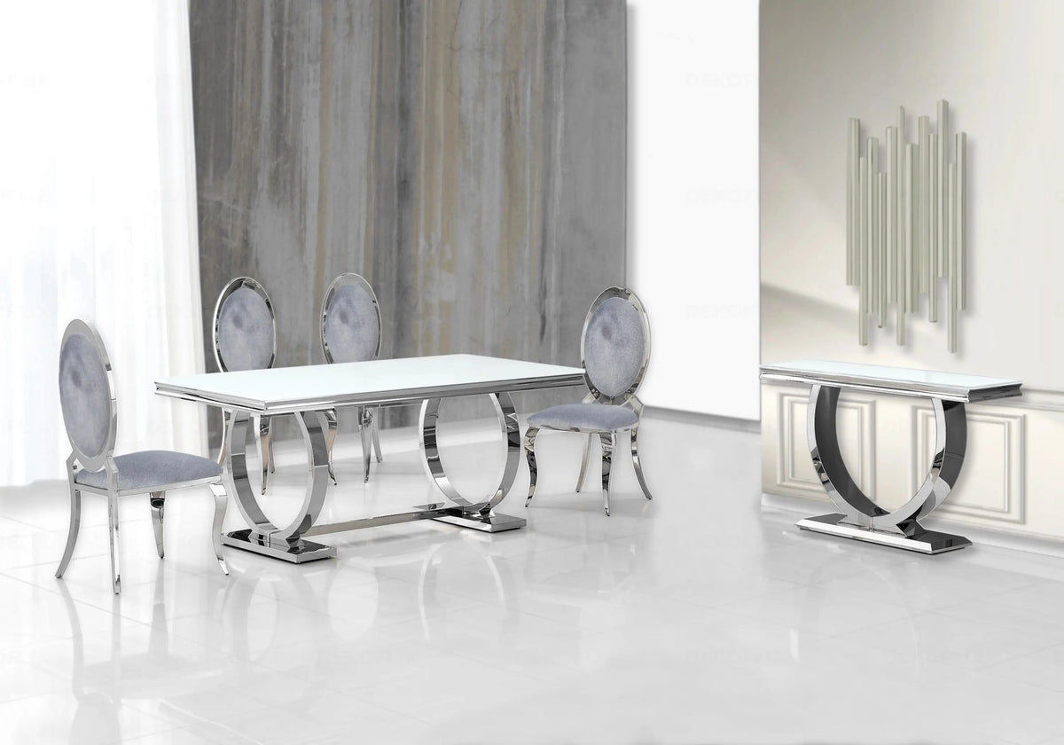 Salle à manger complète verre blanc et argent | Zyra