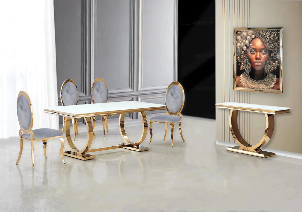 Table verre blanc et 4 chaises médaillon doré | Zyra