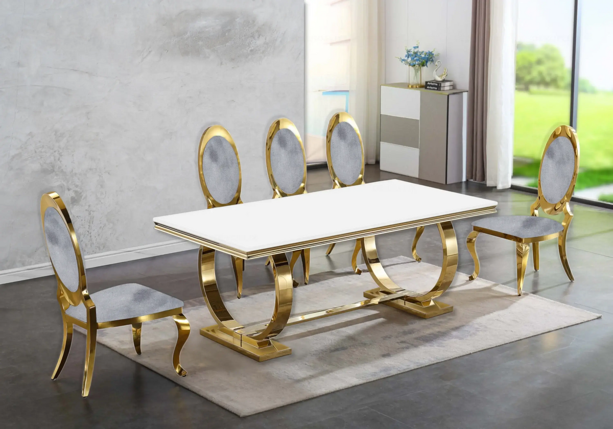 Table verre blanc et 4 chaises médaillon doré | Zyra