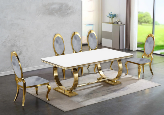 Table verre blanc et 4 chaises médaillon doré | Zyra