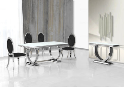 Table verre blanc et 4 chaises médaillon argent | Zyra