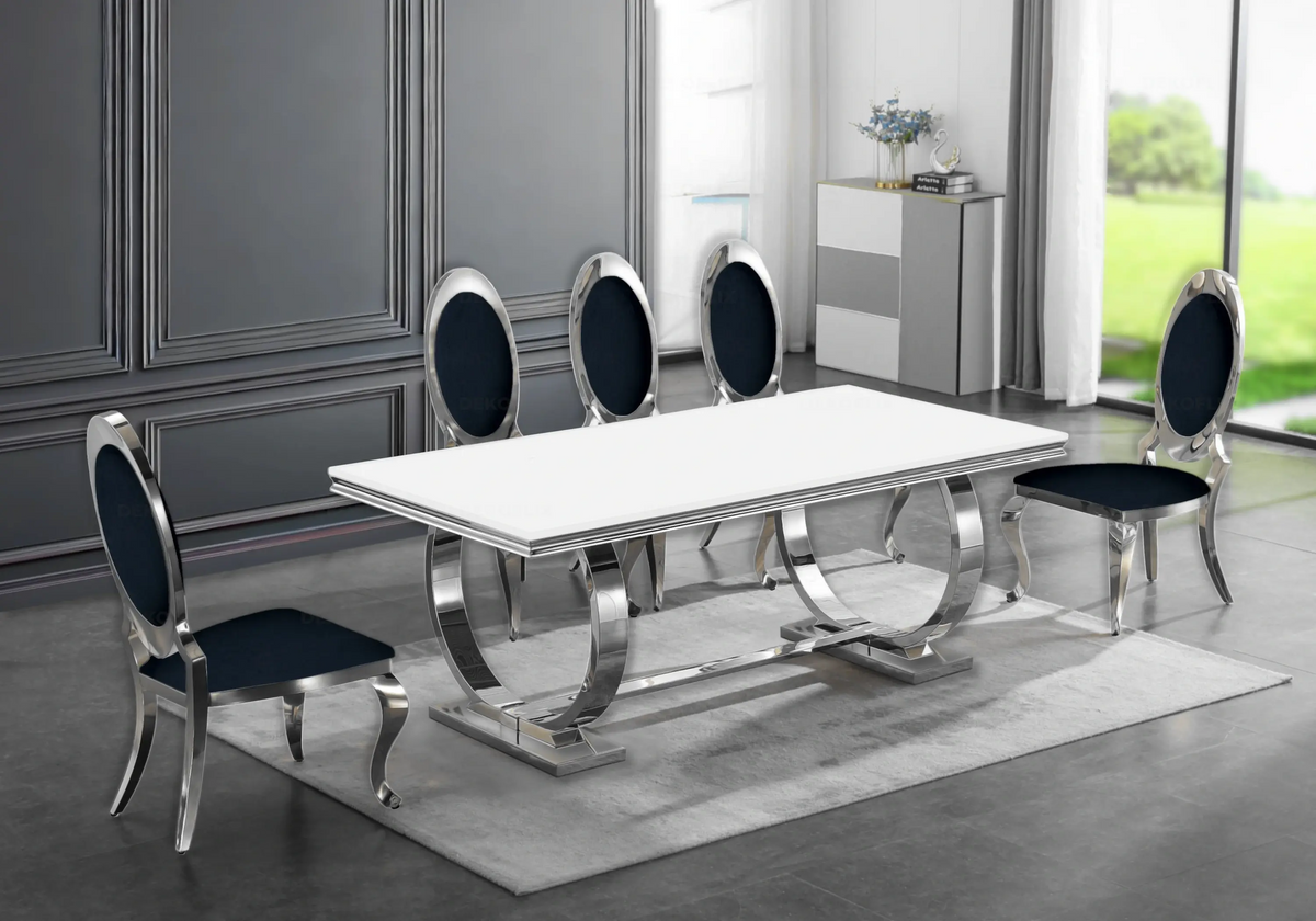Table verre blanc et 4 chaises médaillon argent | Zyra