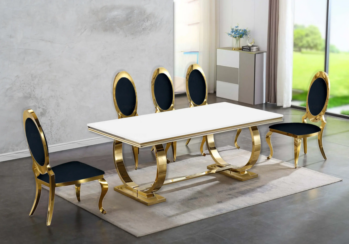 Table verre blanc et 4 chaises médaillon doré | Zyra