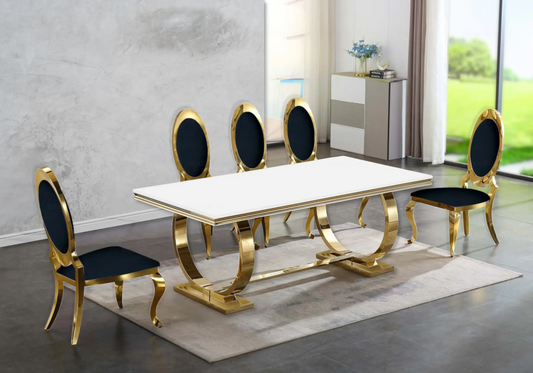 Table verre blanc et 4 chaises médaillon doré | Zyra
