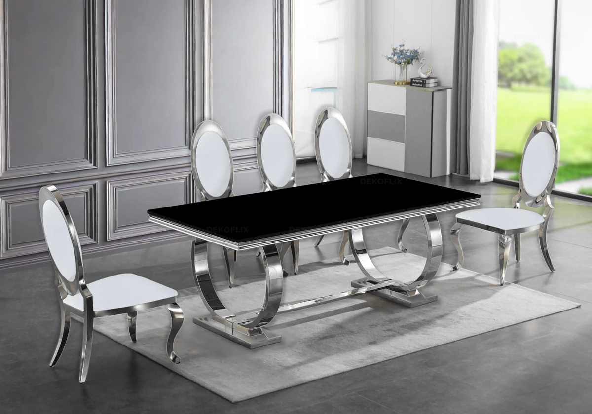 Table verre noir et 4 chaises médaillon argent | Zyra