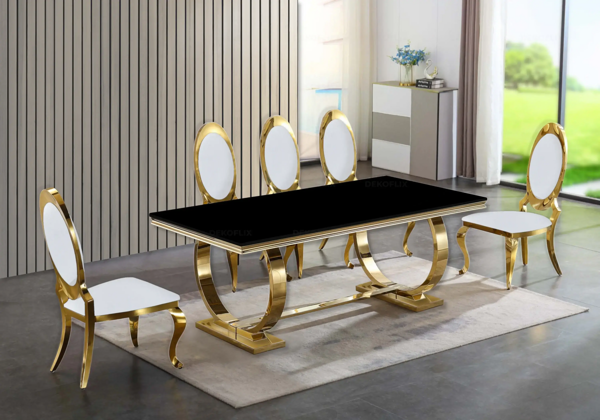 Salle à manger complète verre noir et doré | Zyra