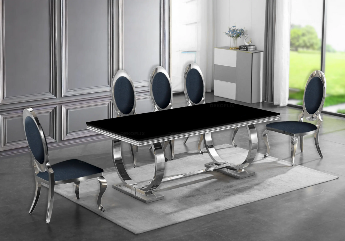Table verre noir et 4 chaises médaillon argent | Zyra