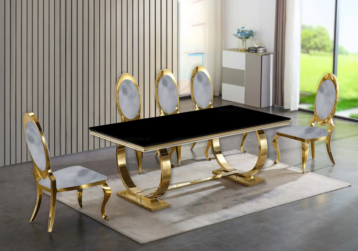 Table verre noir et 4 chaises médaillon doré | Zyra