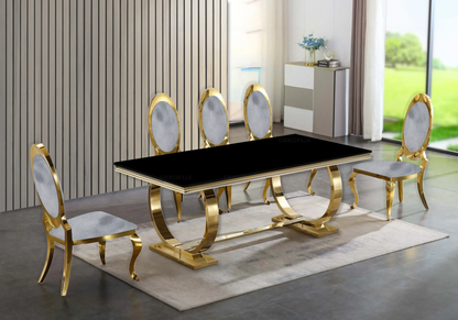 Table verre noir et 4 chaises médaillon doré | Zyra