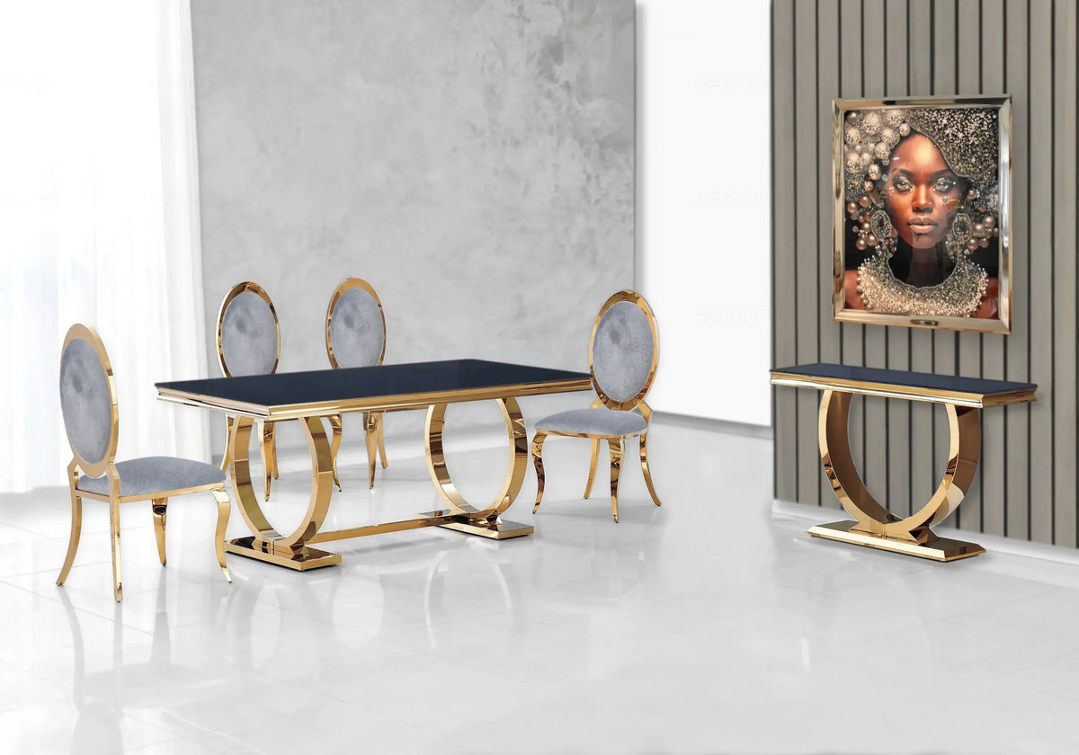Salle à manger complète verre noir et doré | Zyra
