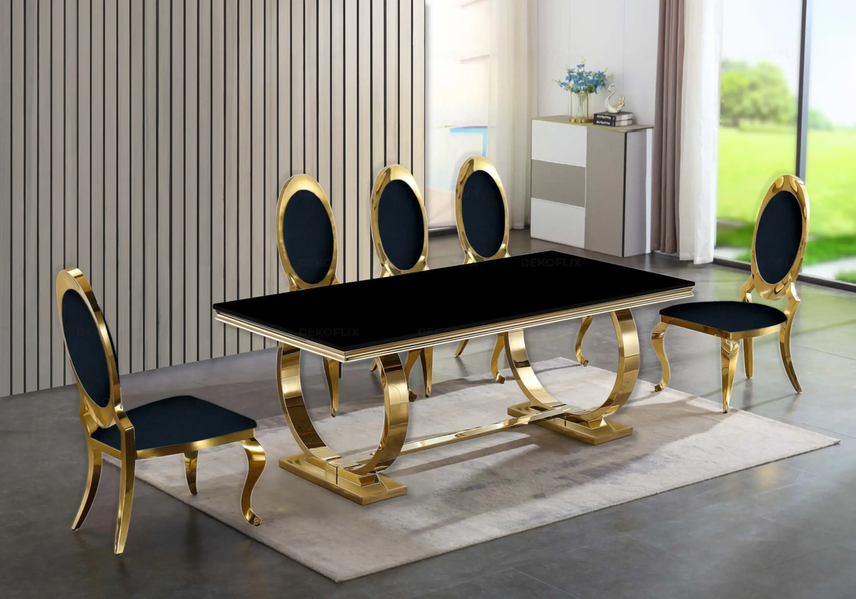 Table verre noir et 4 chaises médaillon doré | Zyra
