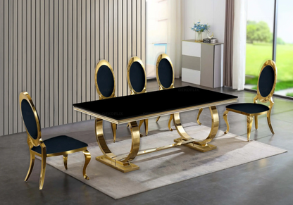 Table verre noir et 4 chaises médaillon doré | Zyra
