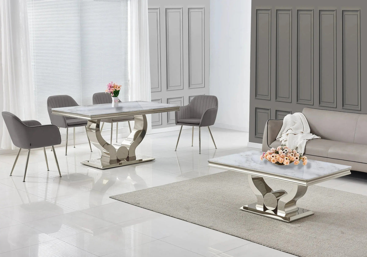 Salle à manger complète marbre beige et argent | Juno