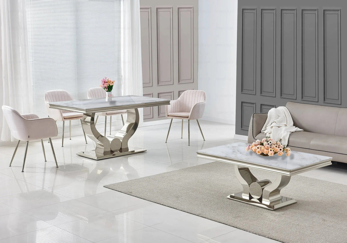 Salle à manger complète marbre beige et argent | Juno