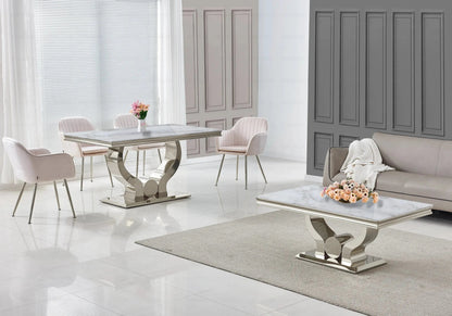 Salle à manger complète marbre beige et argent | Juno