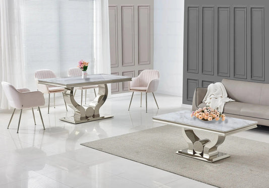 Salle à manger complète marbre beige et argent | Juno