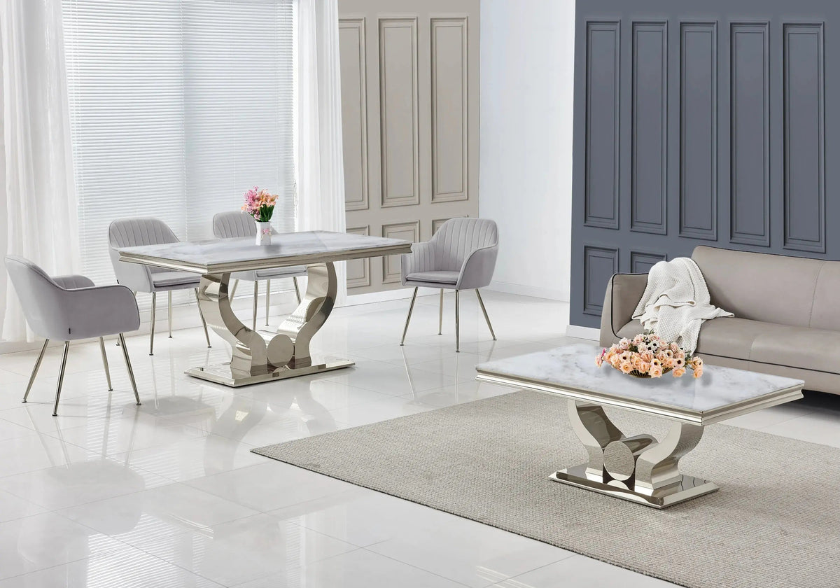 Salle à manger complète marbre beige et argent | Juno