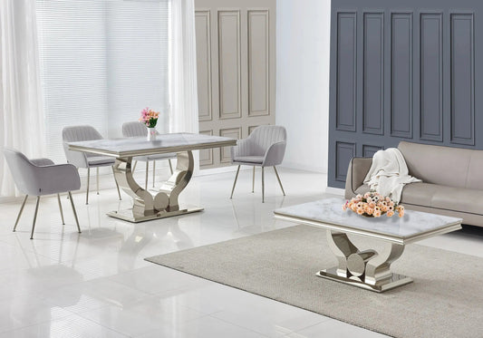 Salle à manger complète marbre beige et argent | Juno