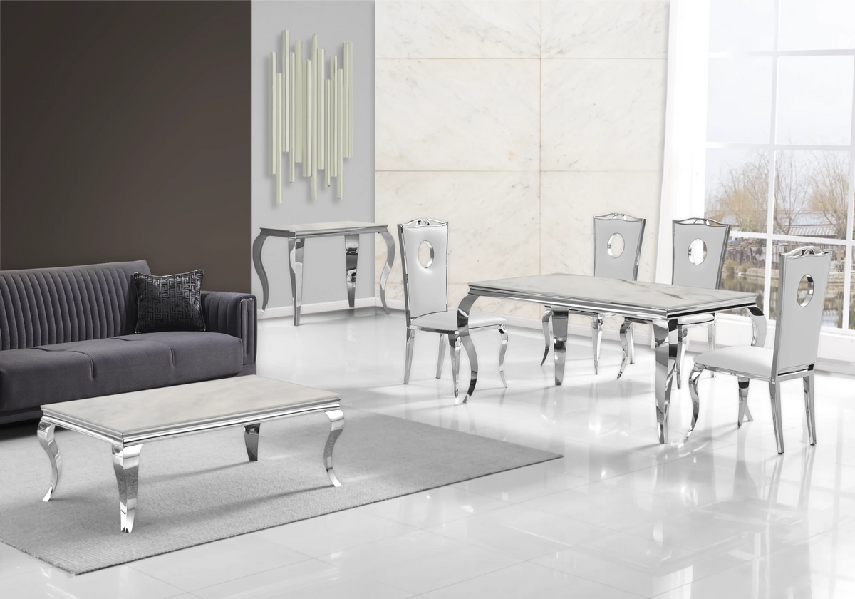 Salle à manger complète marbre beige et argent | Halo