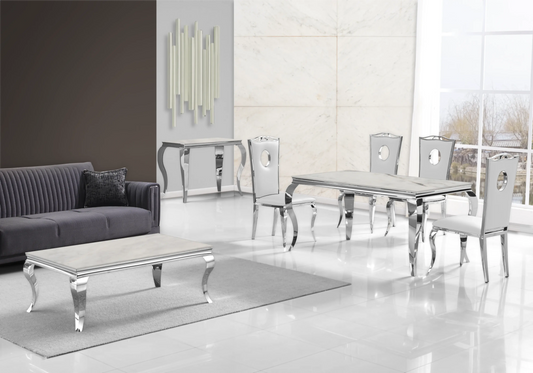 Salle à manger complète marbre beige et argent | Halo