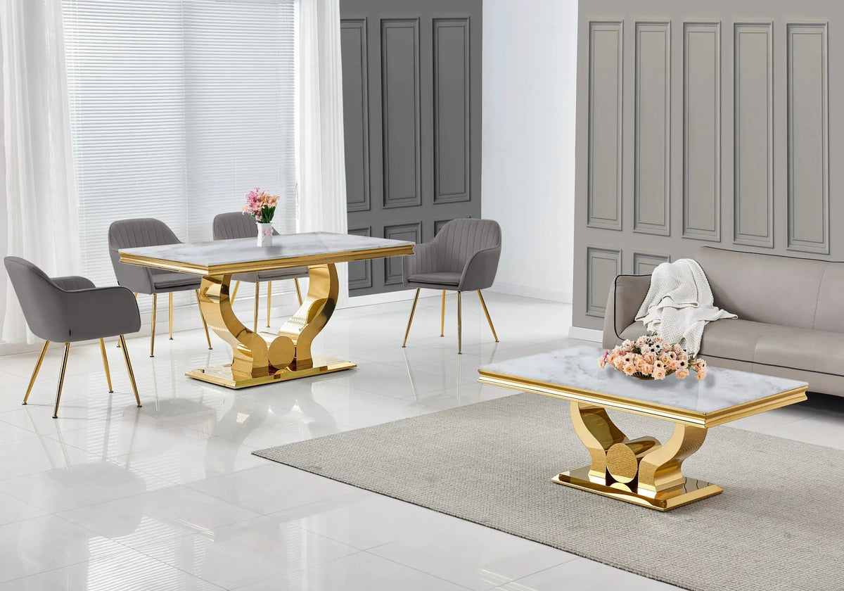 Salle à manger complète marbre beige et doré | Juno