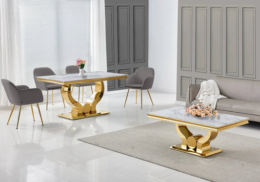 Salle à manger complète marbre beige et doré | Juno