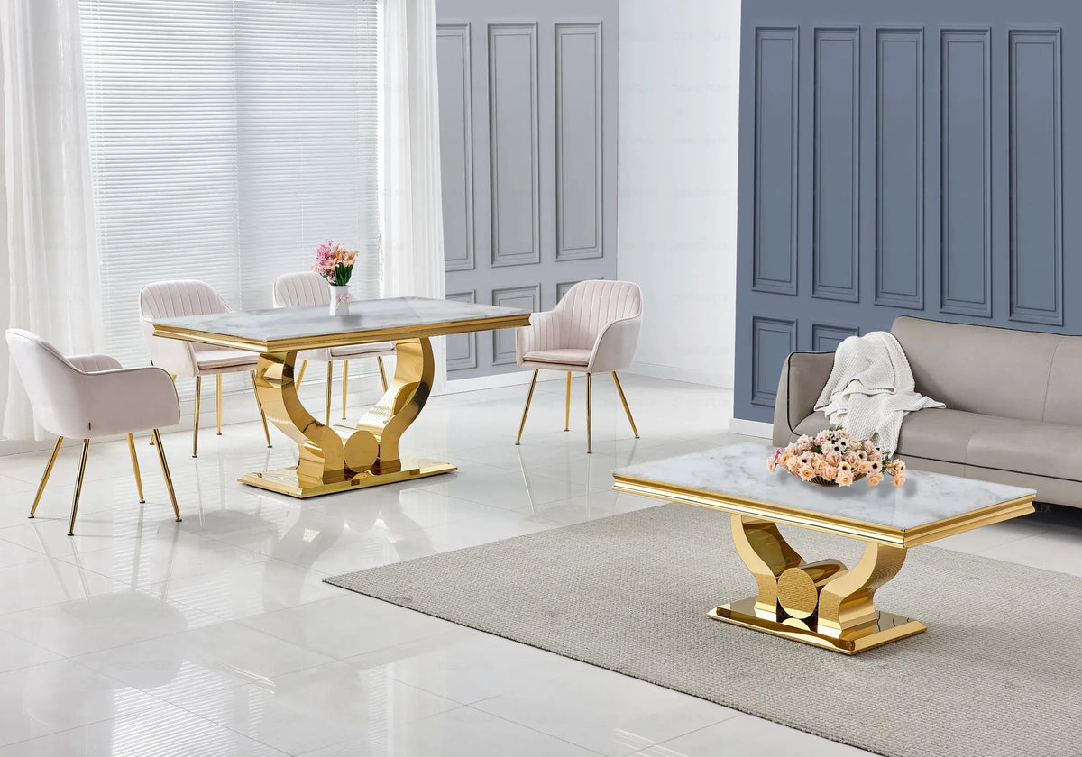 Salle à manger complète marbre beige et doré | Juno
