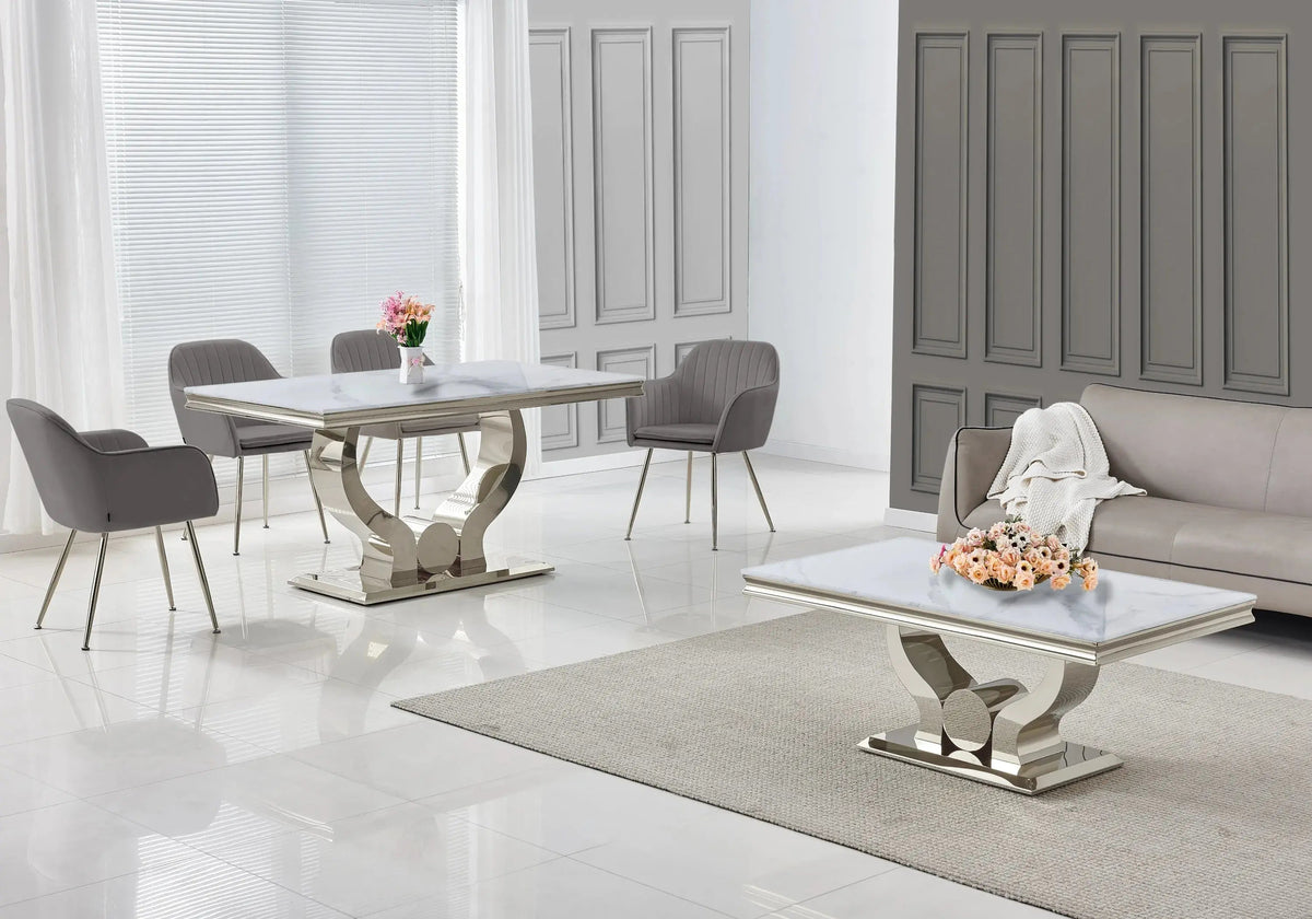 Salle à manger complète marbre blanc et argent | Juno