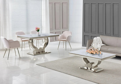 Salle à manger complète marbre blanc et argent | Juno