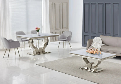 Salle à manger complète marbre blanc et argent | Juno