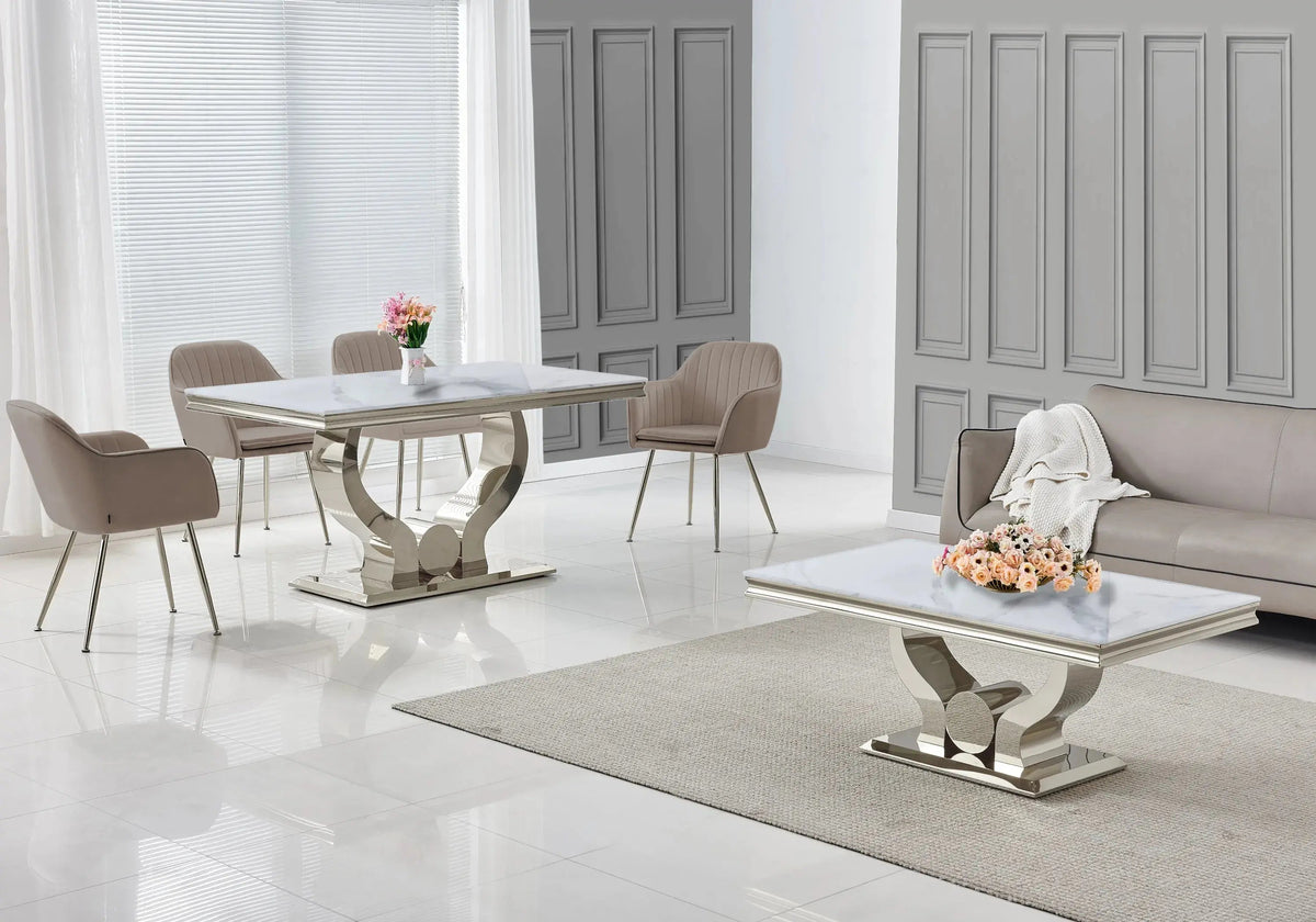 Salle à manger complète marbre blanc et argent | Juno