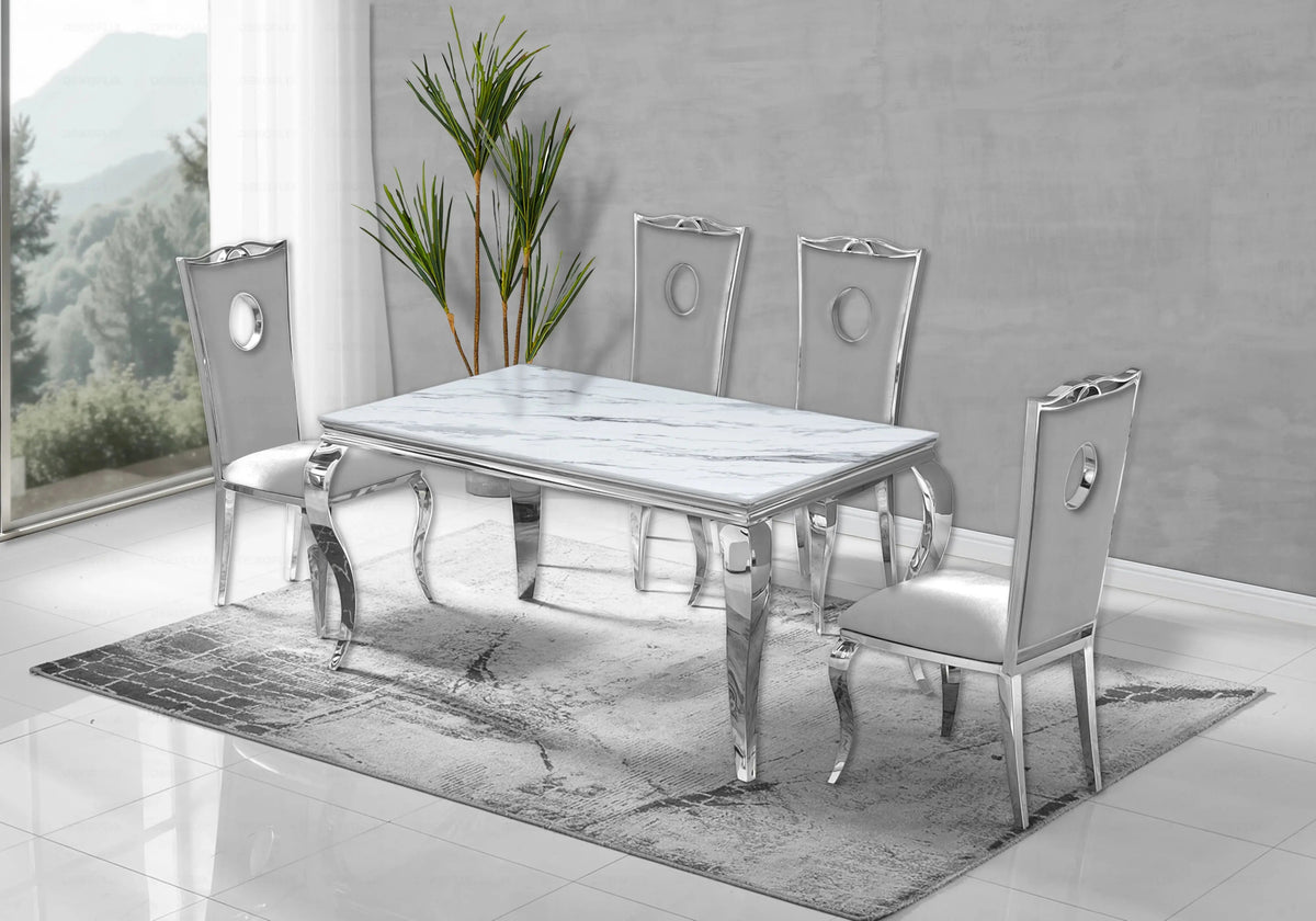 Ensemble table marbre blanc et 4 chaises argent | Halo