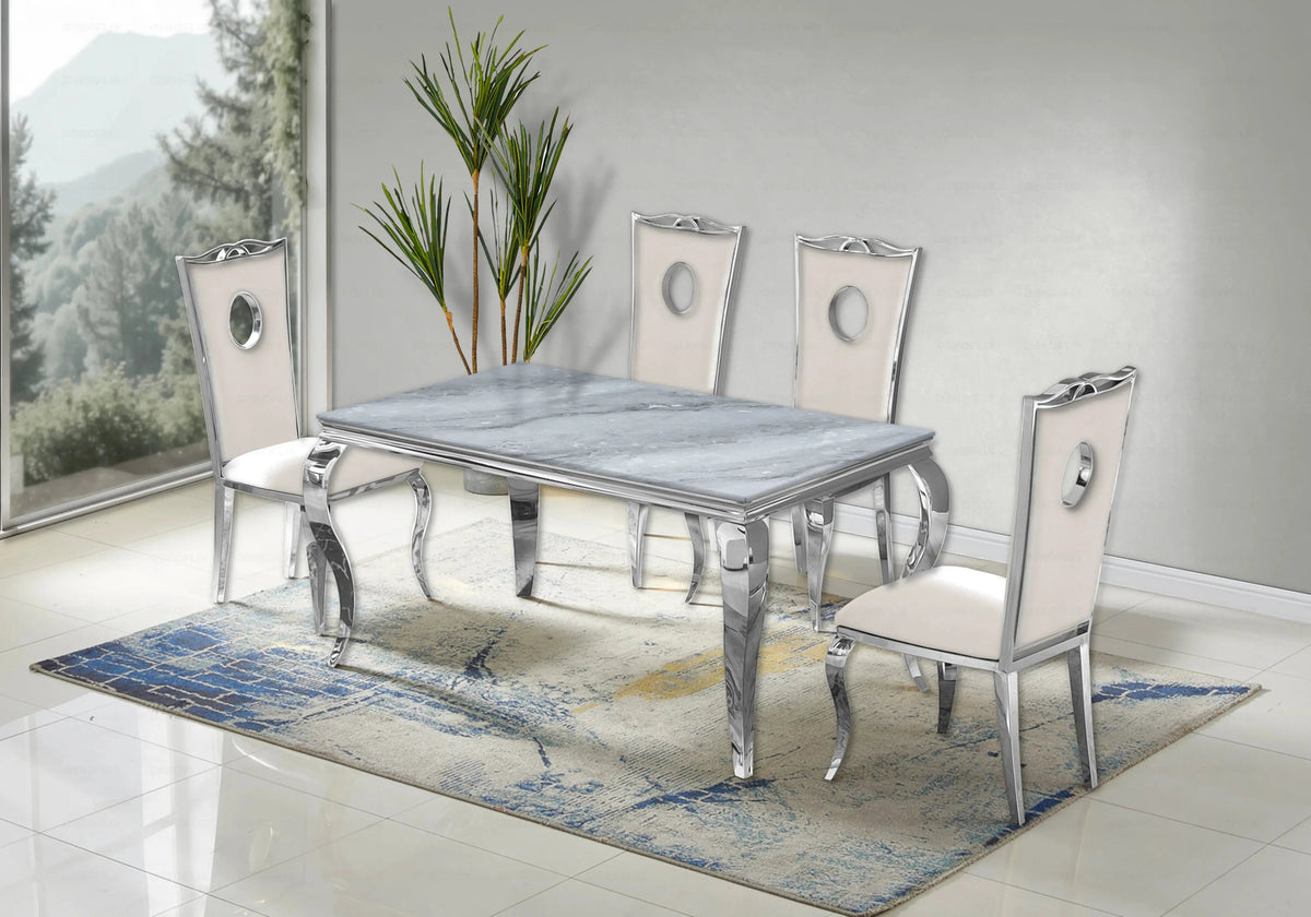 Ensemble table marbre gris et 4 chaises argent | Halo