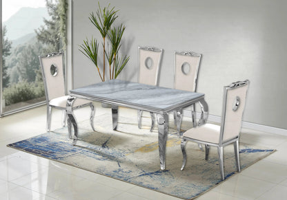 Ensemble table marbre gris et 4 chaises argent | Halo