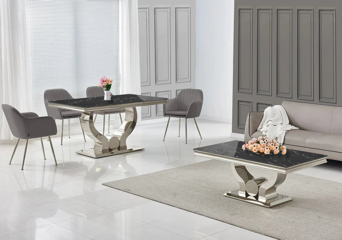 Salle à manger complète marbre noir et argent | Juno