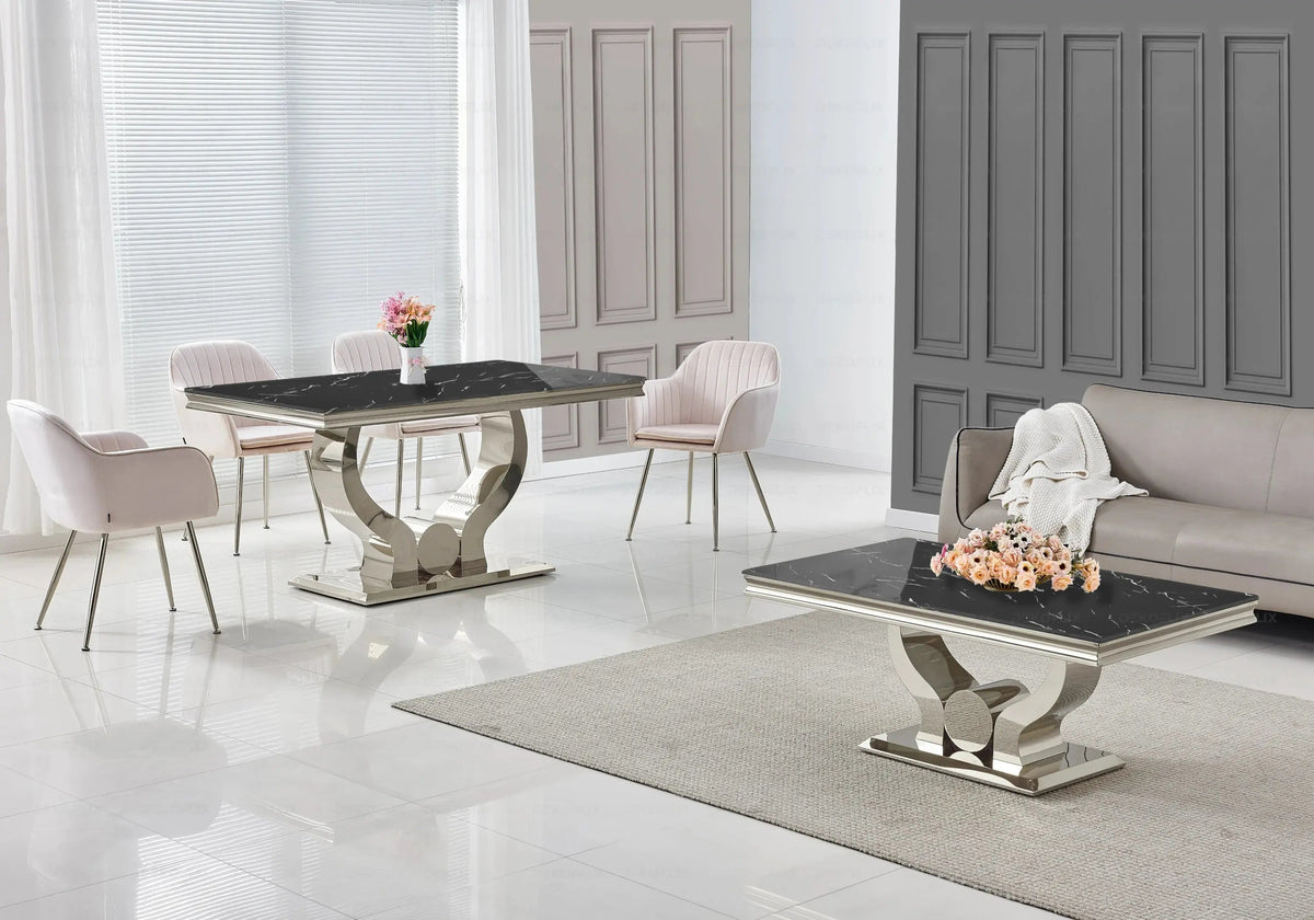 Salle à manger complète marbre noir et argent | Juno