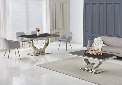 Salle à manger complète marbre noir et argent | Juno