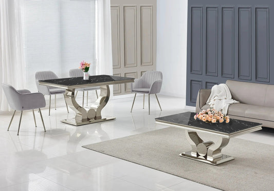 Salle à manger complète marbre noir et argent | Juno