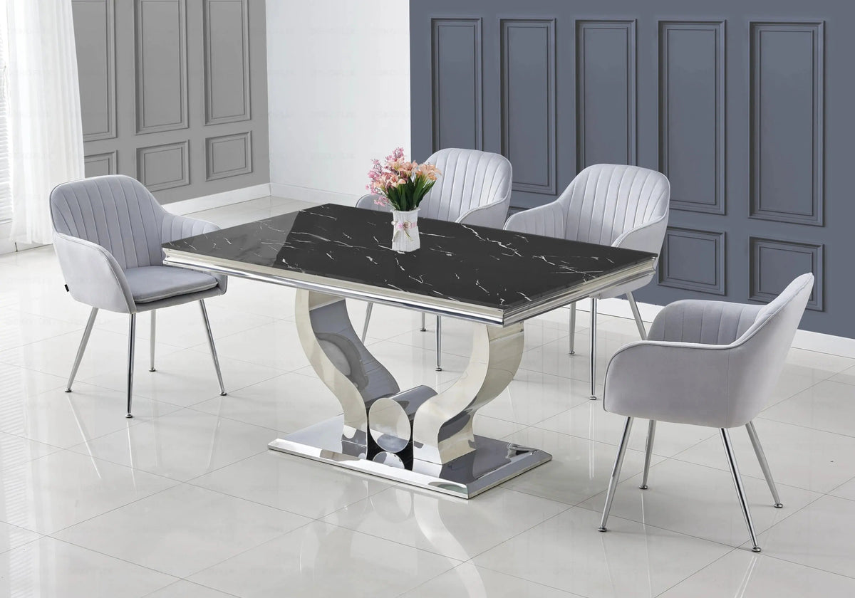 Salle à manger complète marbre noir et argent | Juno