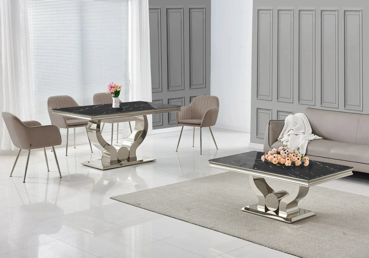 Salle à manger complète marbre noir et argent | Juno