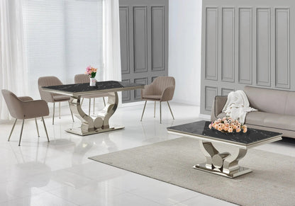Salle à manger complète marbre noir et argent | Juno
