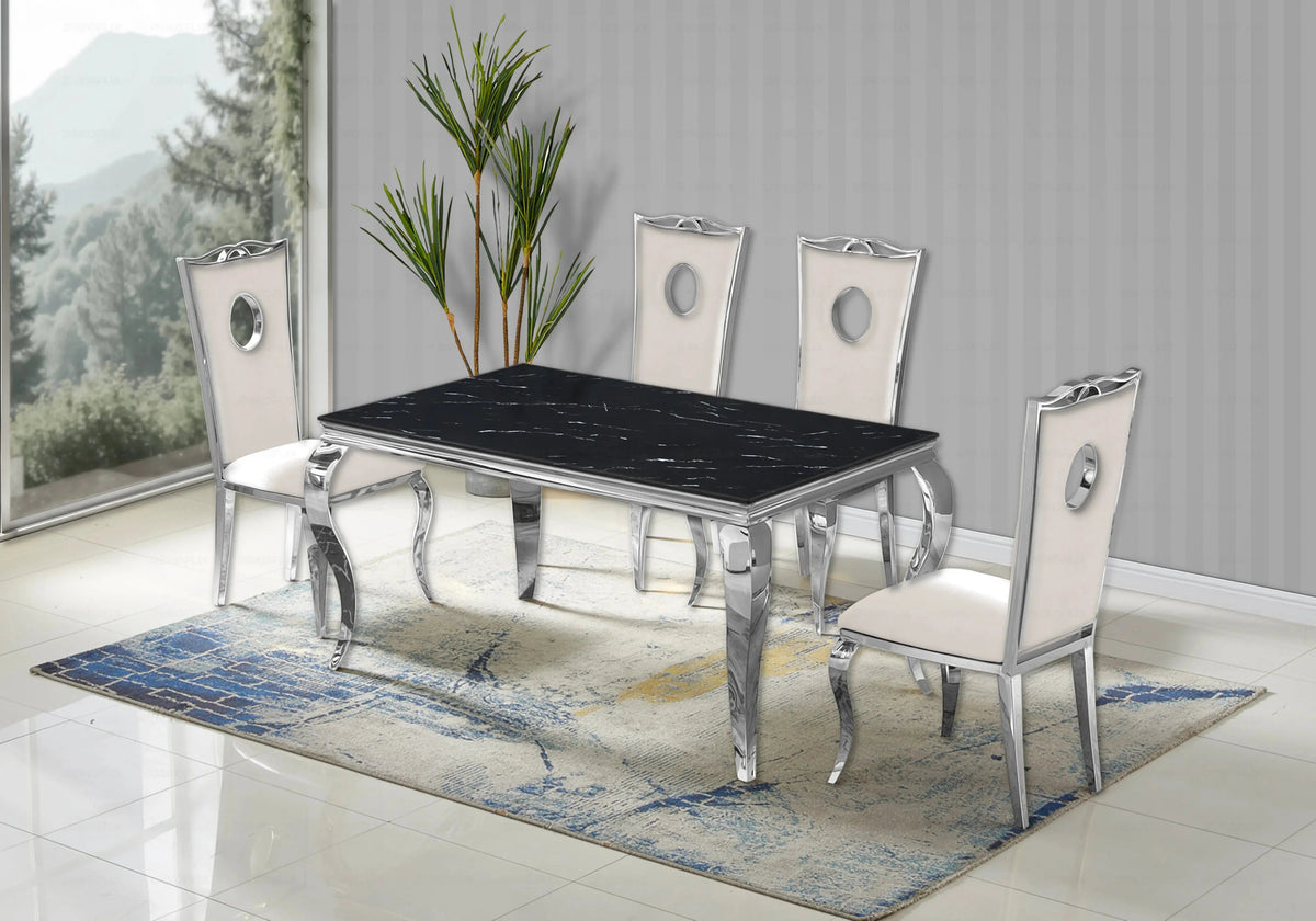 Ensemble table marbre noir et 4 chaises argent | Halo