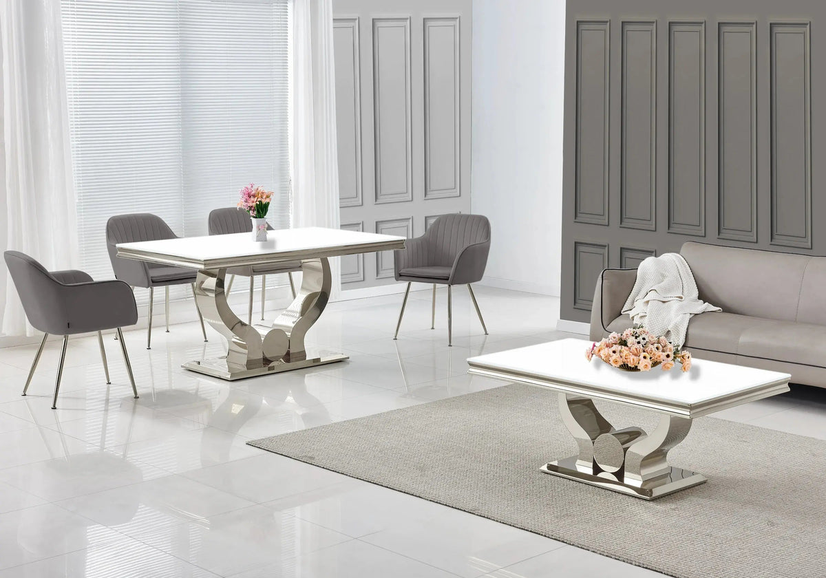 Salle à manger complète verre blanc et argent | Juno