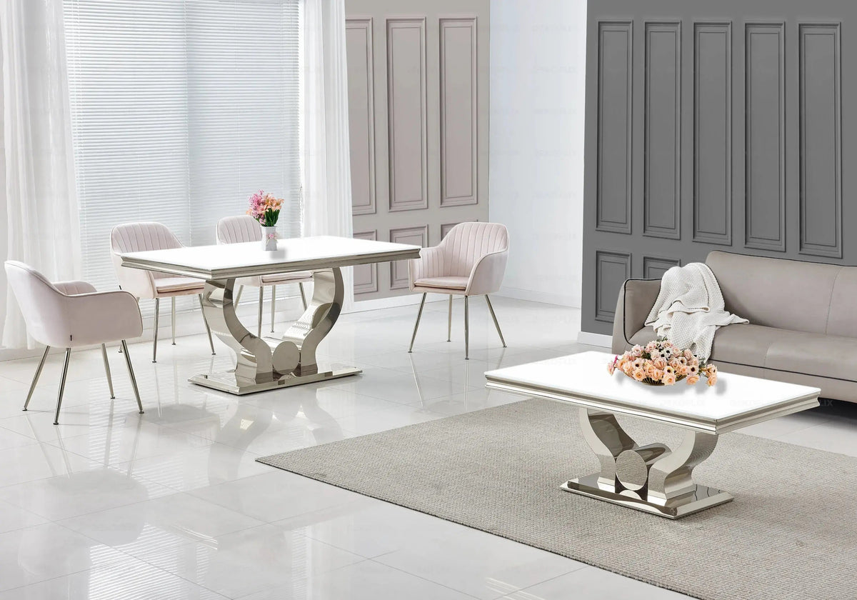 Salle à manger complète verre blanc et argent | Juno