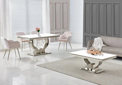 Salle à manger complète verre blanc et argent | Juno