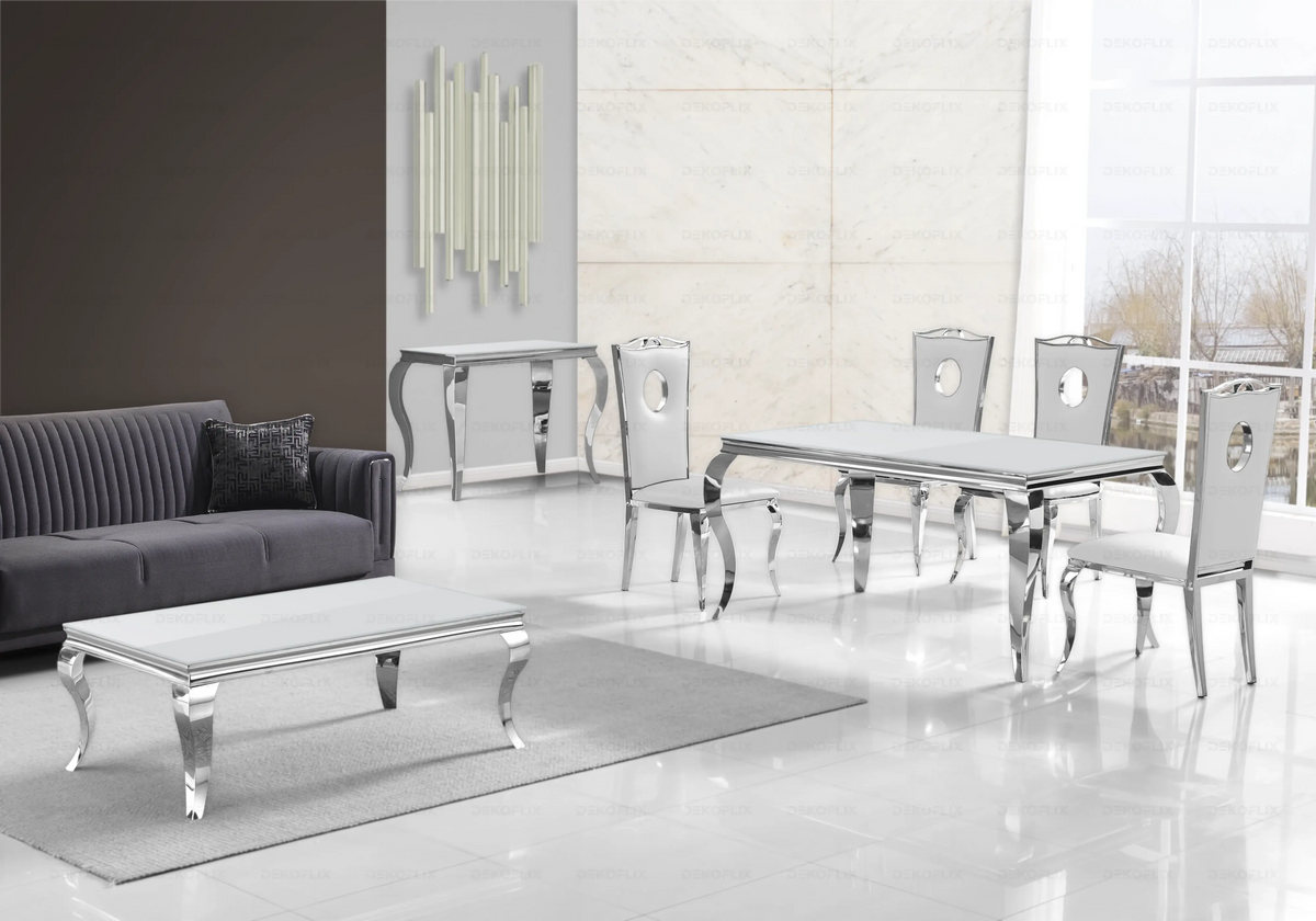 Salle à manger complète verre blanc et argent | Halo