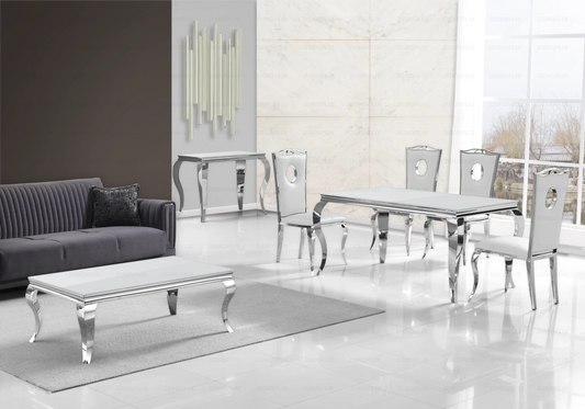 Salle à manger complète verre blanc et argent | Halo